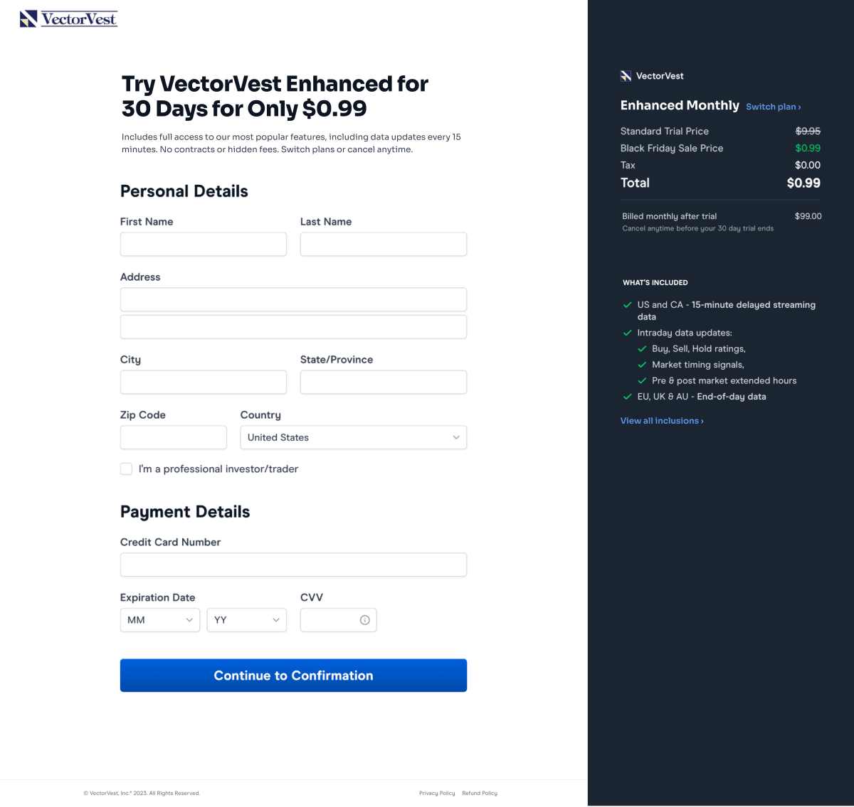 The image shows step 2 of the variation two-screen signup process.