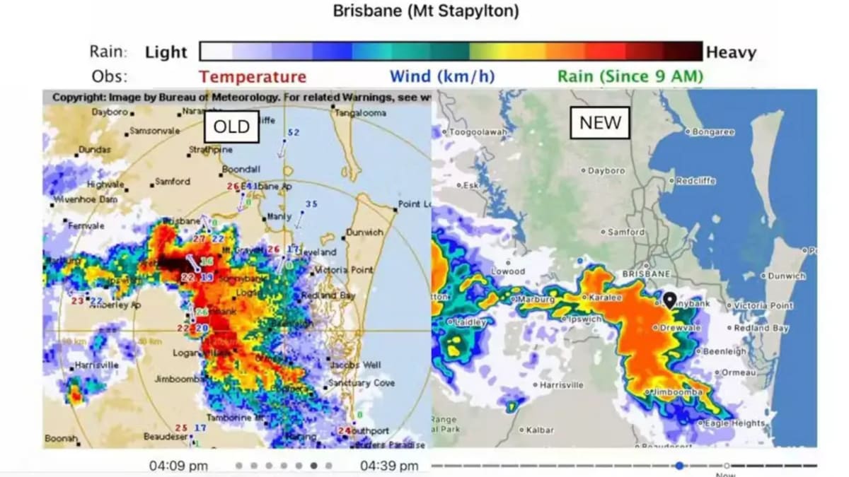 Side-by-side comparison of the old and new Bureau of Meteorology weather radar for Brisbane (Mt Stapylton), showing rainfall intensity maps. The old version on the left uses a simpler layout, while the new version on the right has an updated interface.