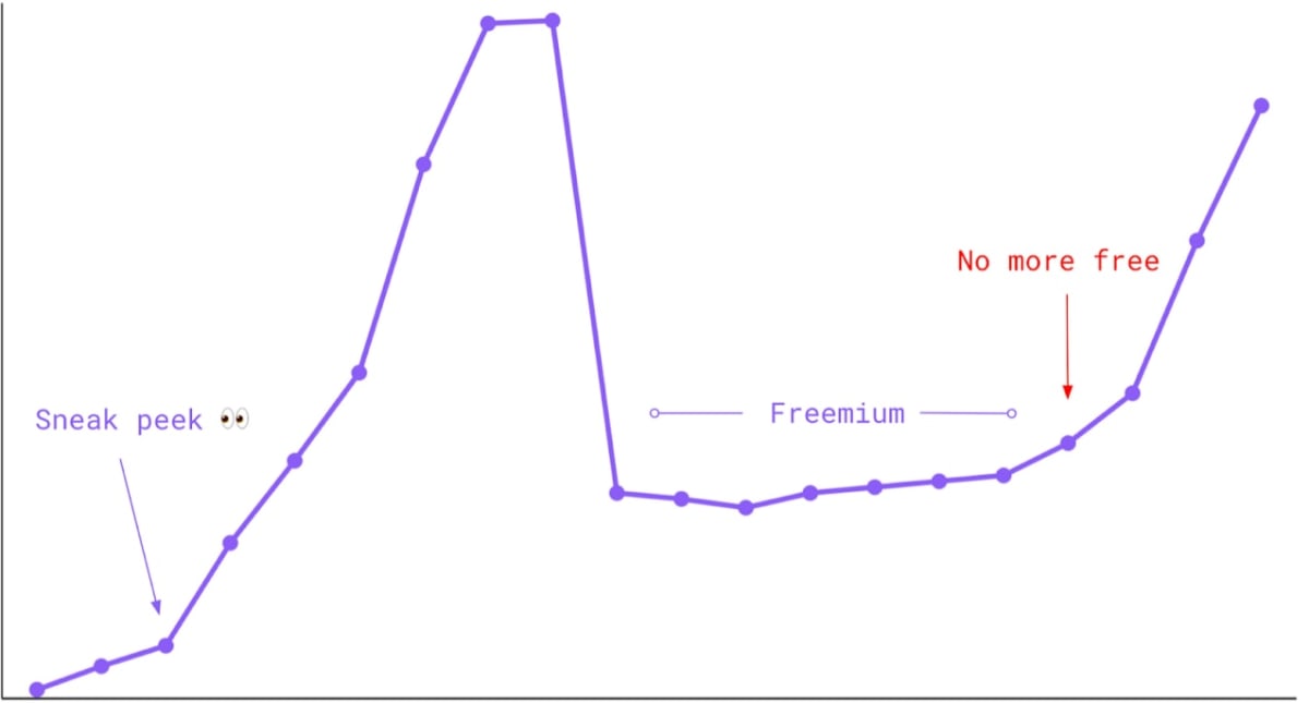 A graph showing the peak, fall, and second peak of a companies revenue.