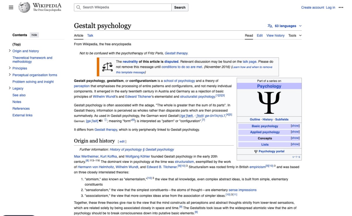 A screenshot of Wikipedia’s Gestalt psychology page.