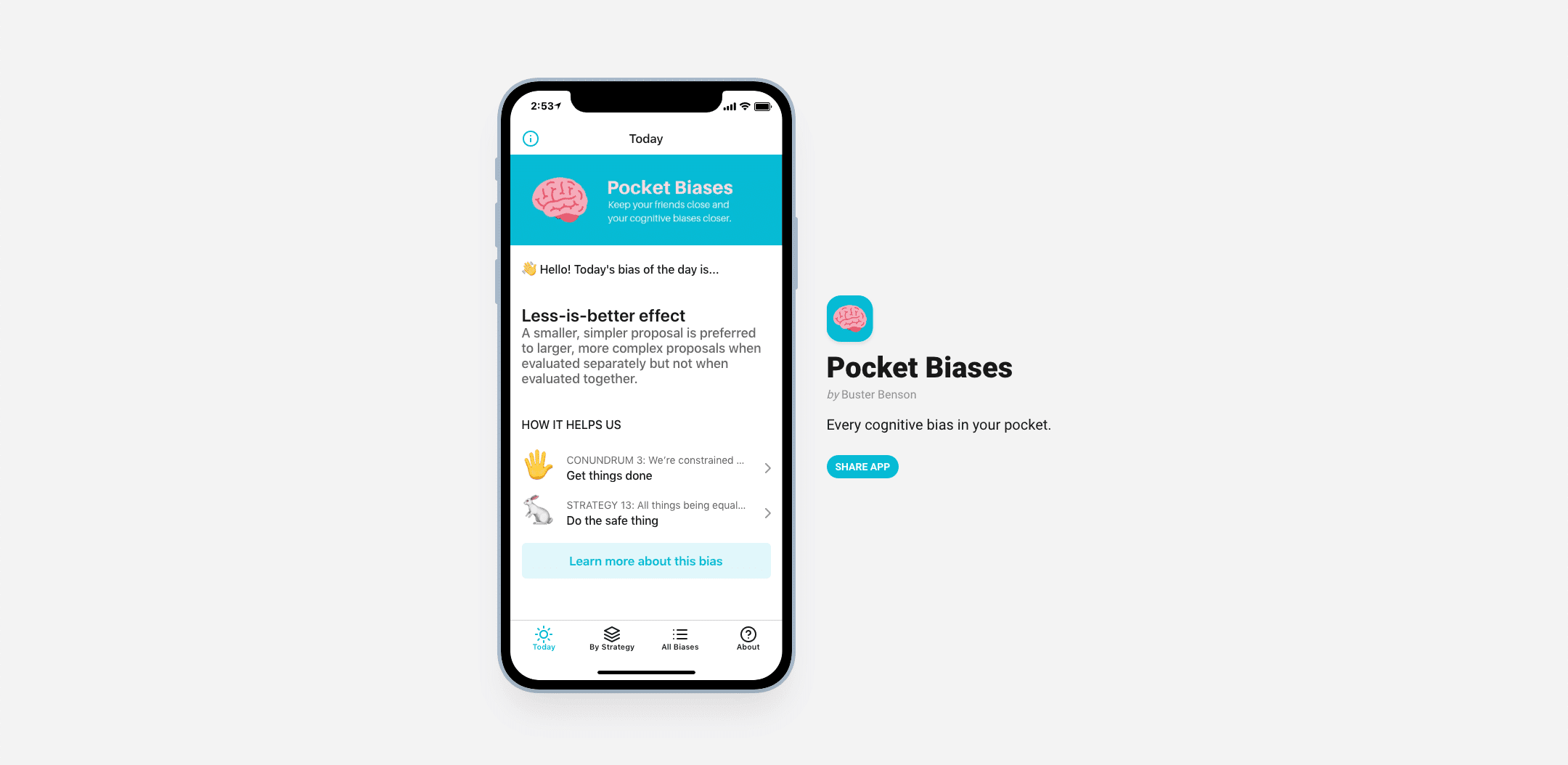 The homepage for the Pocket Biases app.