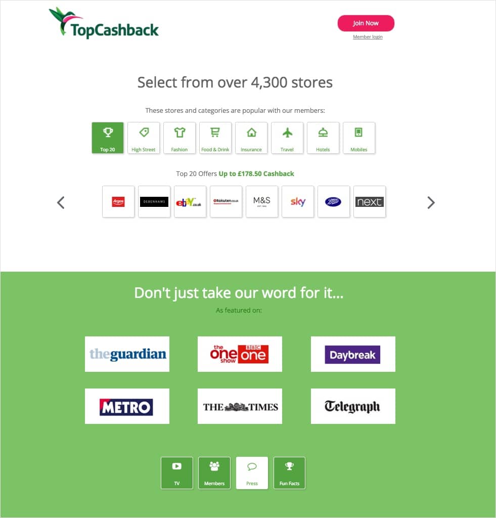 Top Cashback homepage