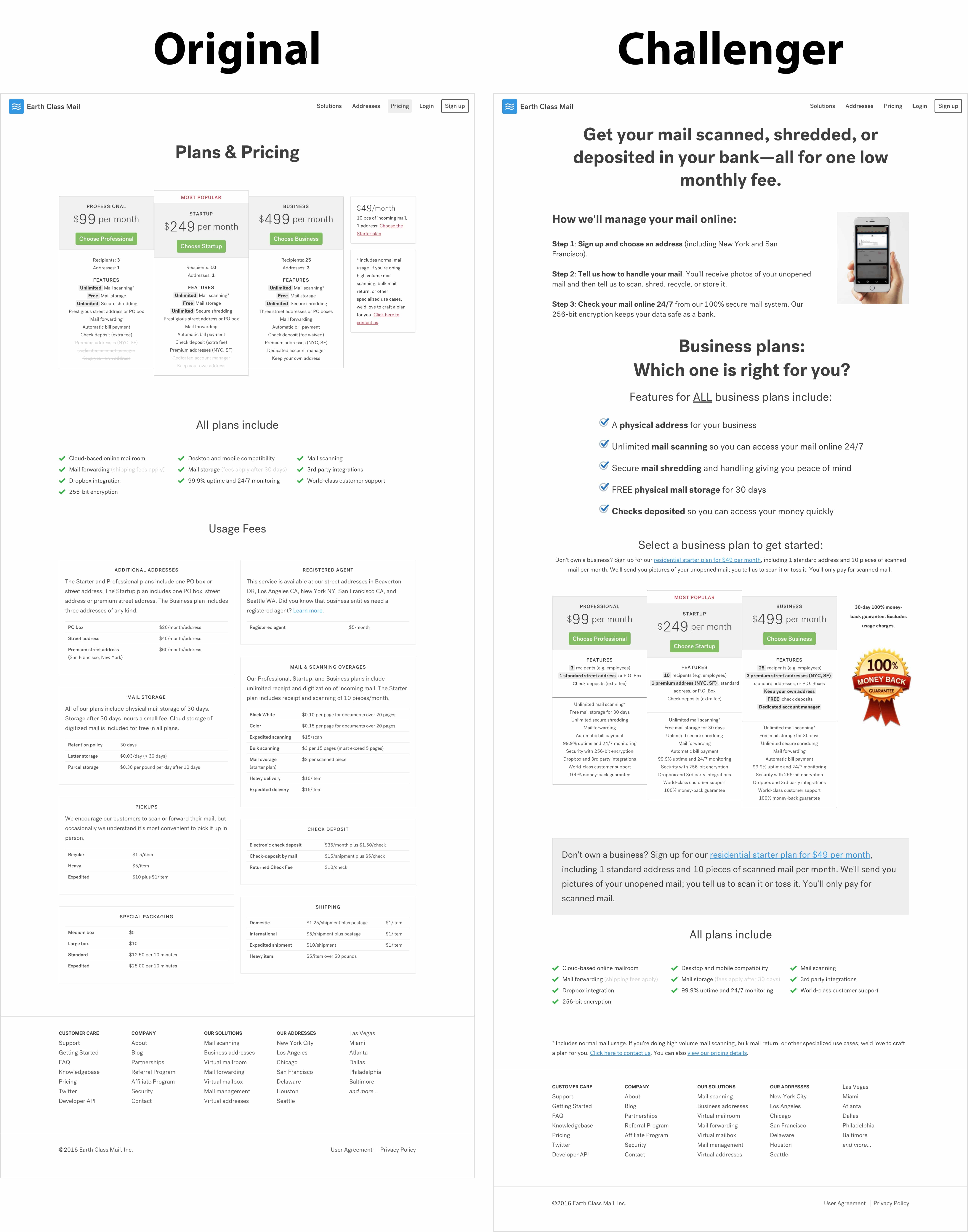 Pricing page - original v challenger