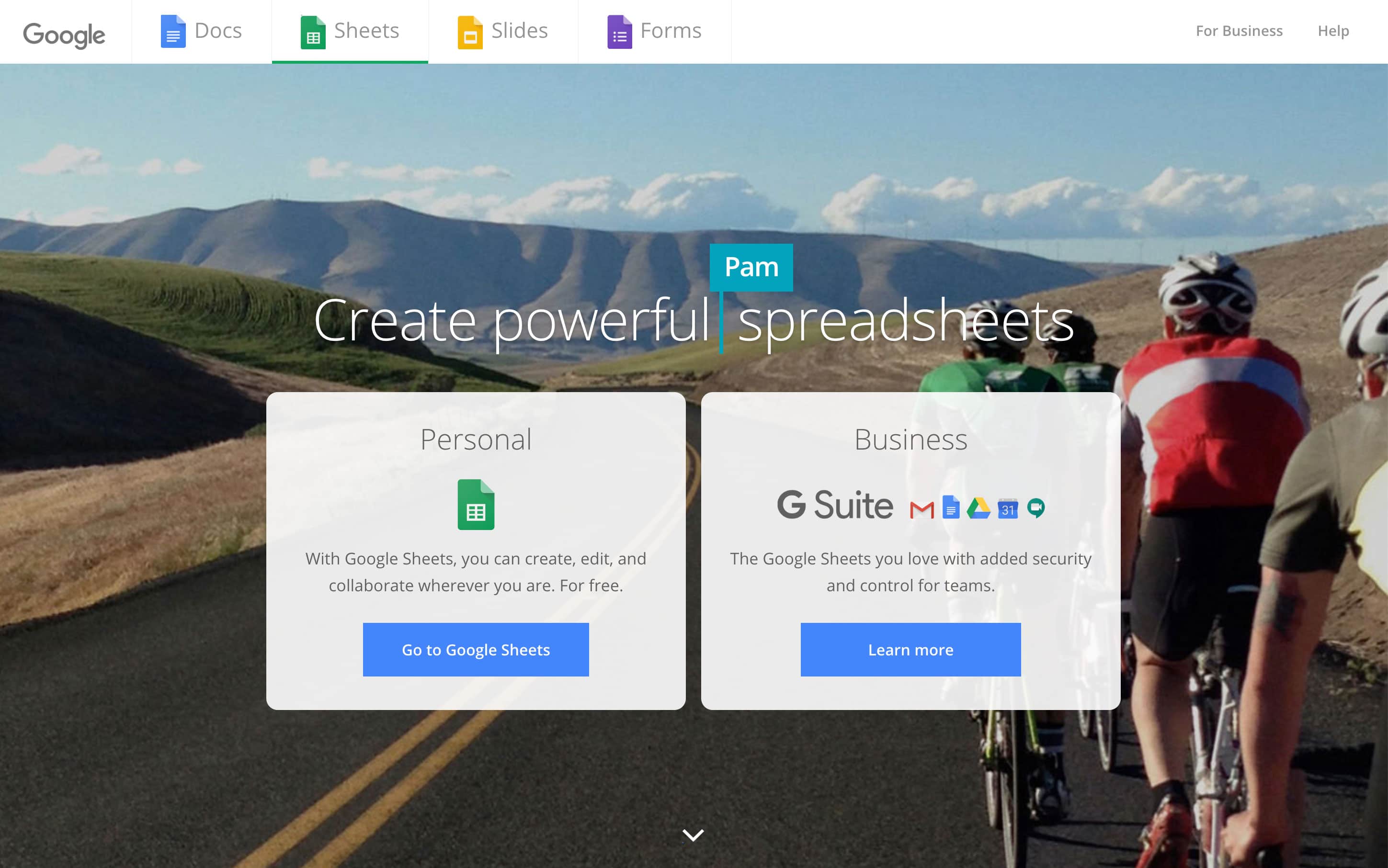 Screenshot of the Google Sheets homepage