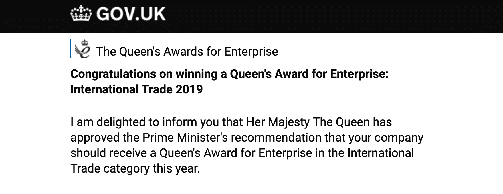 Screenshot of the email announcing that Conversion Rate Experts has won a Queen’s Award
