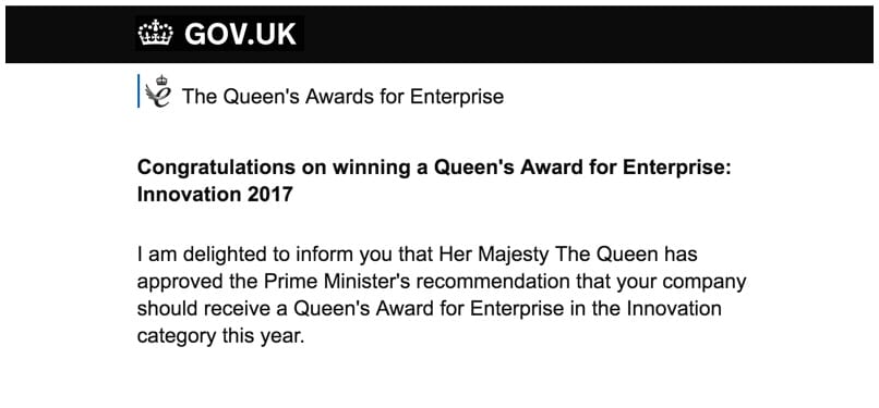 Screenshot of the email announcing that Conversion Rate Experts has won a Queen’s Award