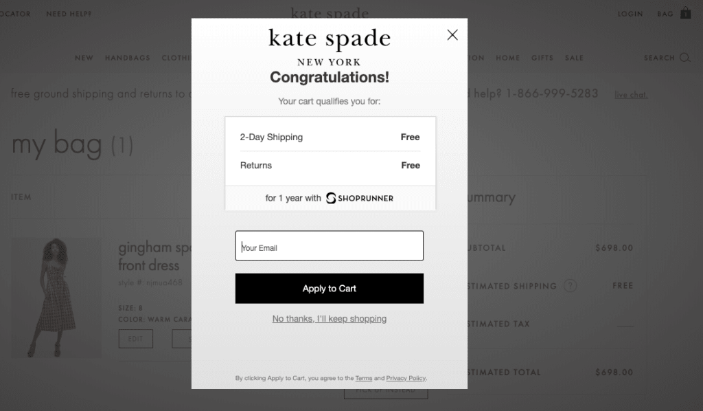 Example of pop-up with offer