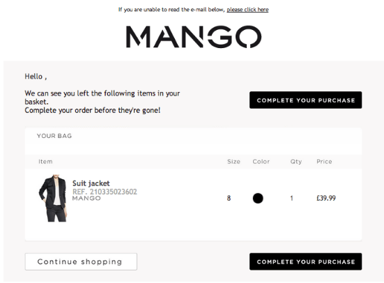 mango cart abandonment email