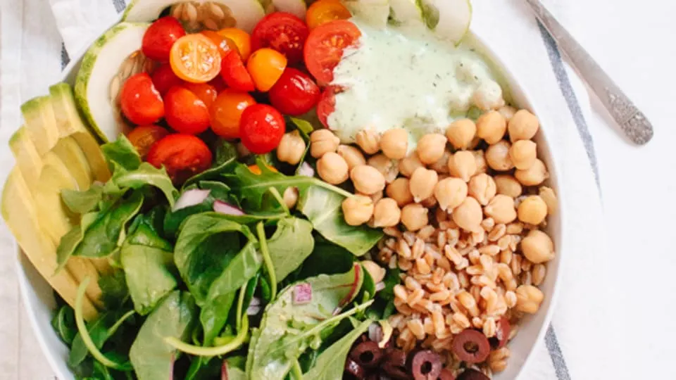 Greek Farro and Chickpea Salad with Herbed Yogurt Recipe