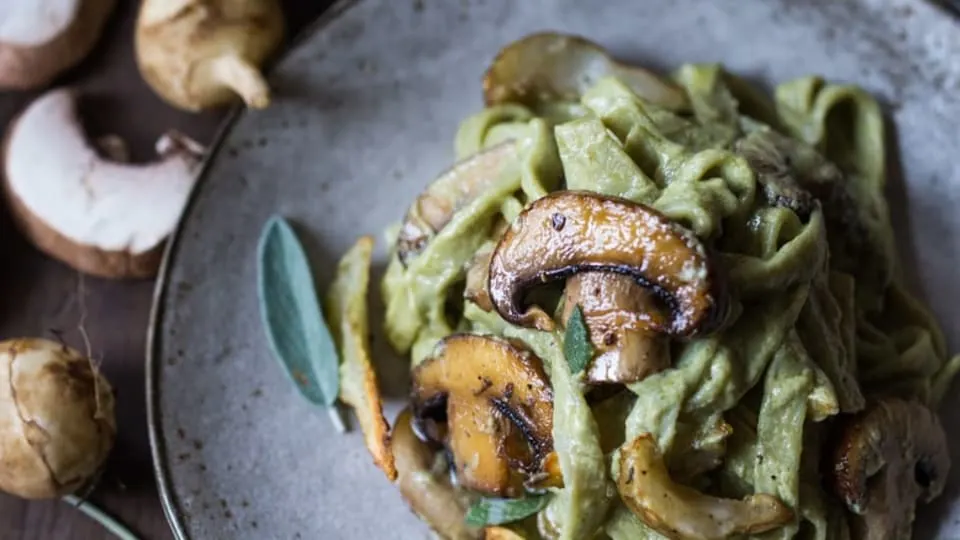 Vegan Mushroom Pasta with Roasted Sunchokes  recipe image