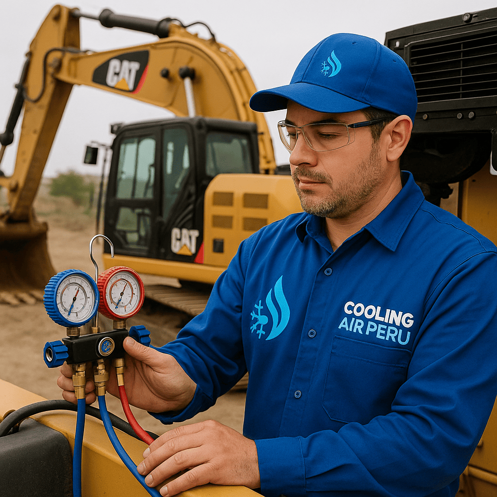 Técnico instalando repuestos en sistema de aire acondicionado