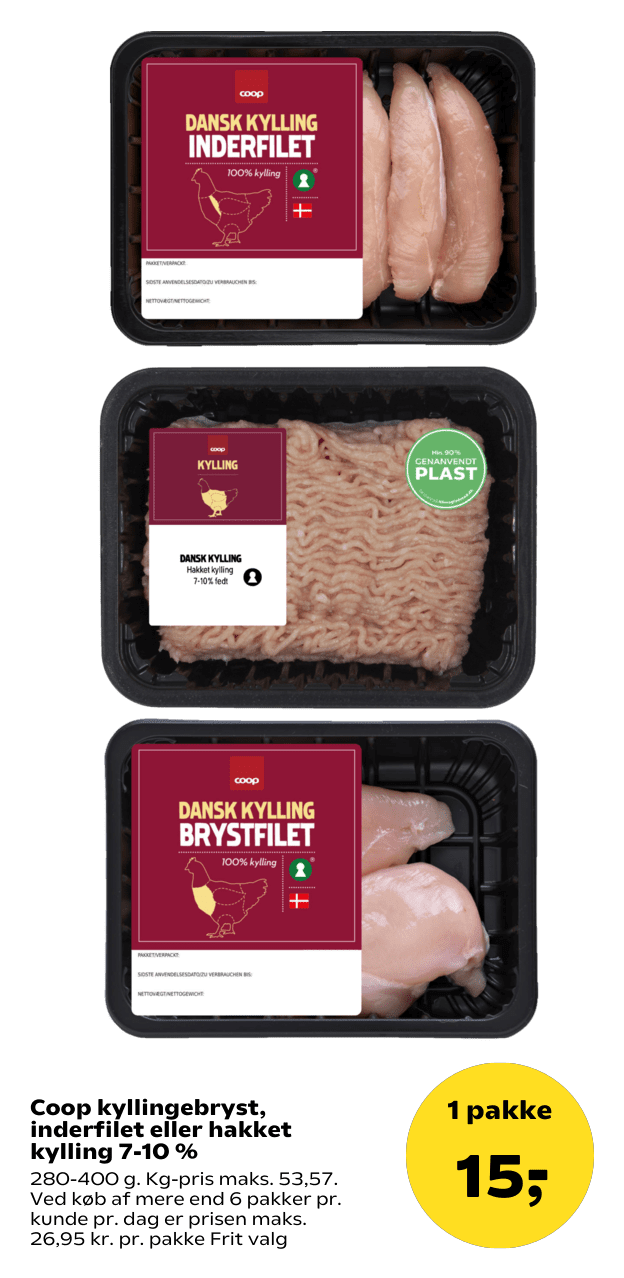 Coop kyllingebryst, inderfilet eller hakket kylling 7-10 %