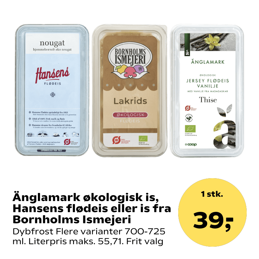 Änglamark økologisk is, Hansens flødeis eller is fra Bornholms Ismejeri