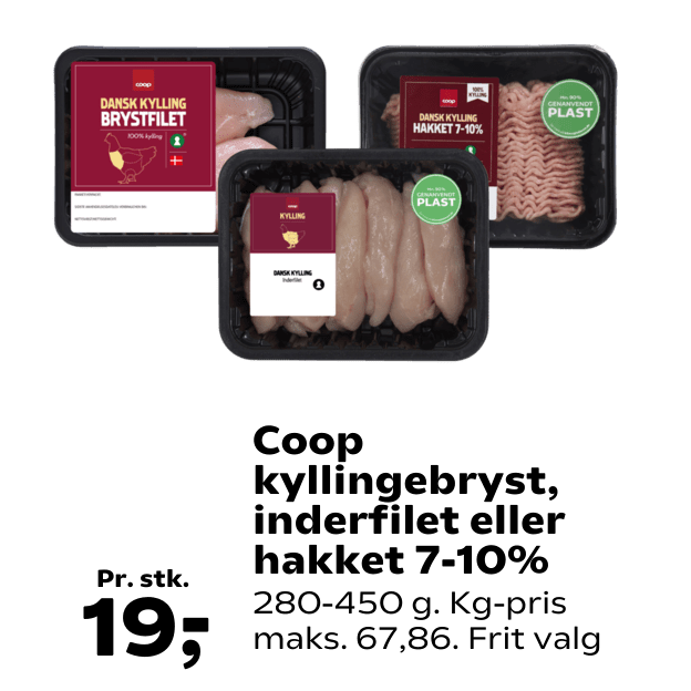 Coop kyllingebryst, inderfilet eller hakket 7-10%