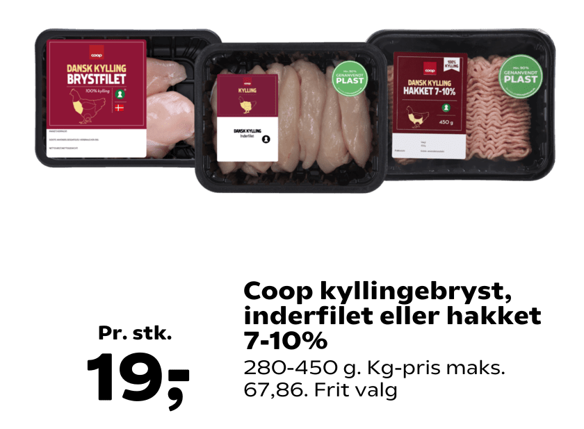 Coop kyllingebryst, inderfilet eller hakket 7-10%