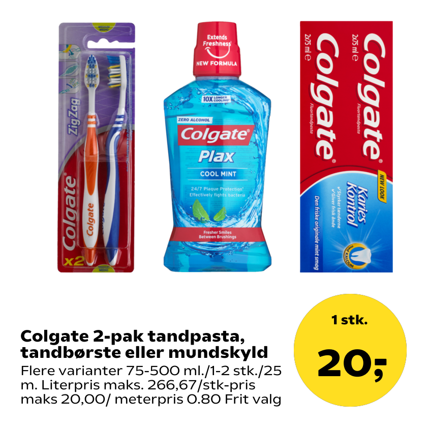 Colgate 2-pak tandpasta, tandbørste eller mundskyld