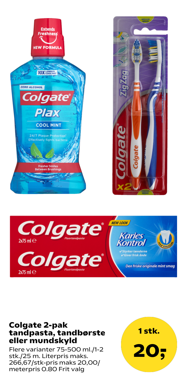 Colgate 2-pak tandpasta, tandbørste eller mundskyld