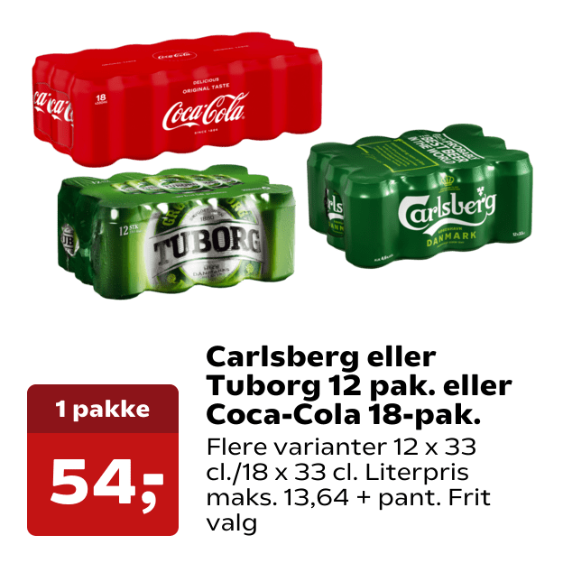 Carlsberg eller Tuborg 12 pak. eller Coca-Cola 18-pak.