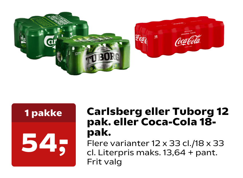 Carlsberg eller Tuborg 12 pak. eller Coca-Cola 18-pak.
