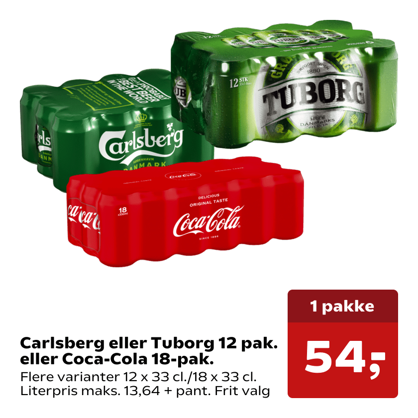 Carlsberg eller Tuborg 12 pak. eller Coca-Cola 18-pak.