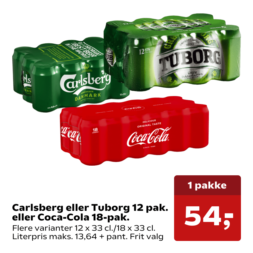 Carlsberg eller Tuborg 12 pak. eller Coca-Cola 18-pak.