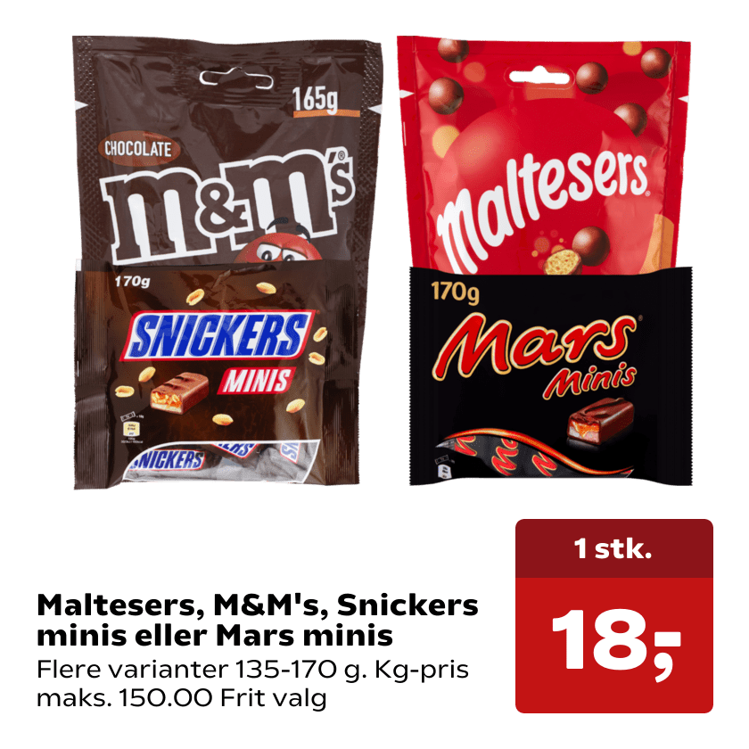 Maltesers, M&M's, Snickers minis eller Mars minis