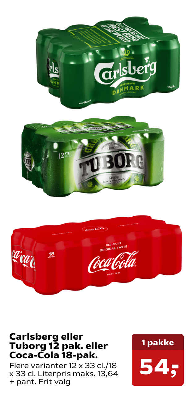 Carlsberg eller Tuborg 12 pak. eller Coca-Cola 18-pak.