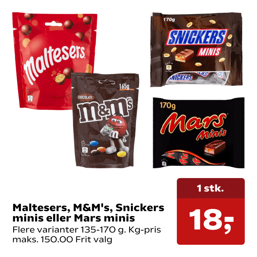Maltesers, M&M's, Snickers minis eller Mars minis