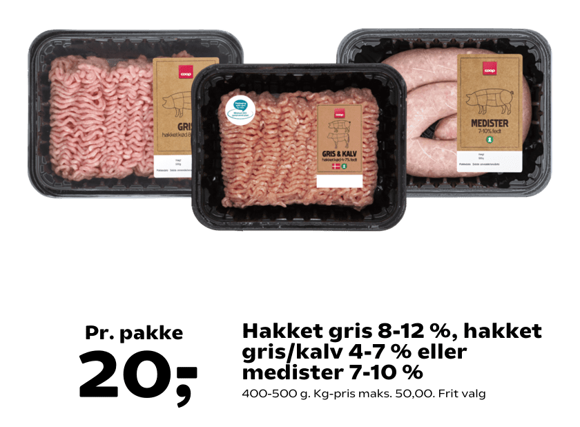 Hakket gris 8-12 %, hakket gris/kalv 4-7 % eller medister 7-10 %