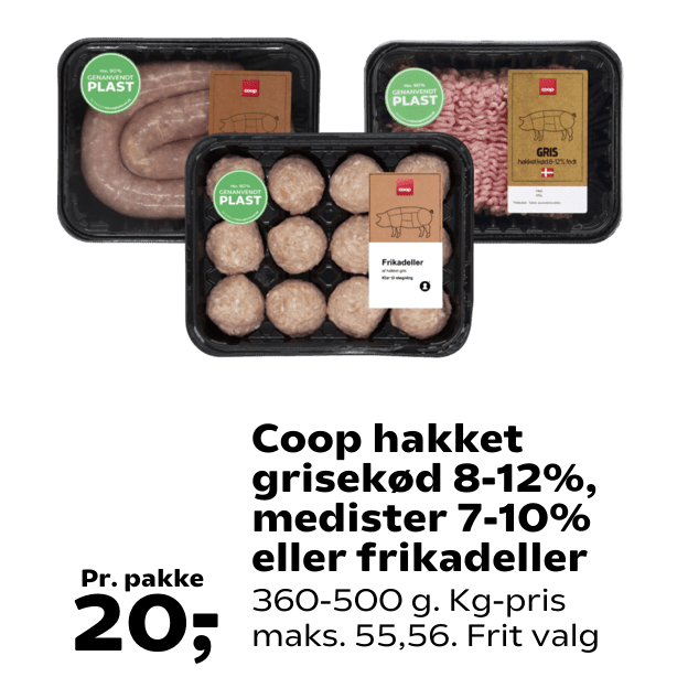 Coop hakket grisekød 8-12%, medister 7-10% eller frikadeller