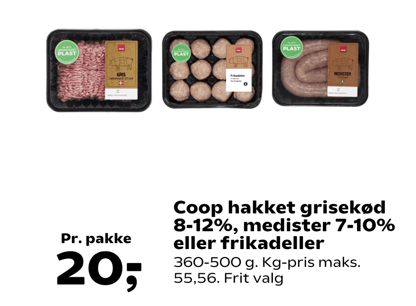 Coop hakket grisekød 8-12%, medister 7-10% eller frikadeller