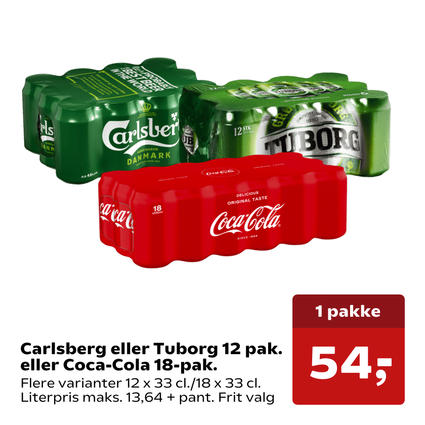 Carlsberg eller Tuborg 12 pak. eller Coca-Cola 18-pak.