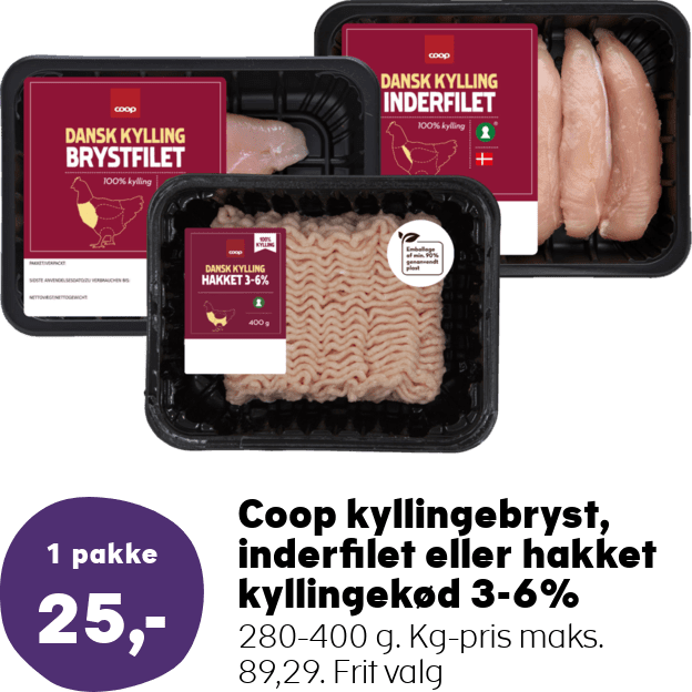 Coop kyllingebryst, inderfilet eller hakket kyllingekød 3-6%