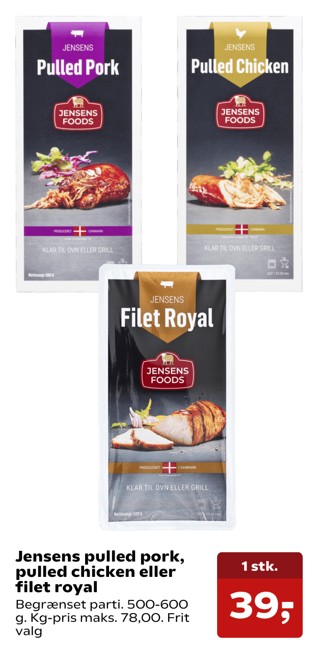 Jensens pulled pork, pulled chicken eller filet royal