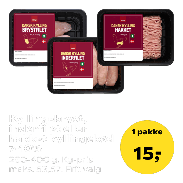 Kyllingebryst, inderfilet eller hakket kyllingekød 7-10%