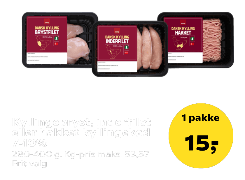 Kyllingebryst, inderfilet eller hakket kyllingekød 7-10%