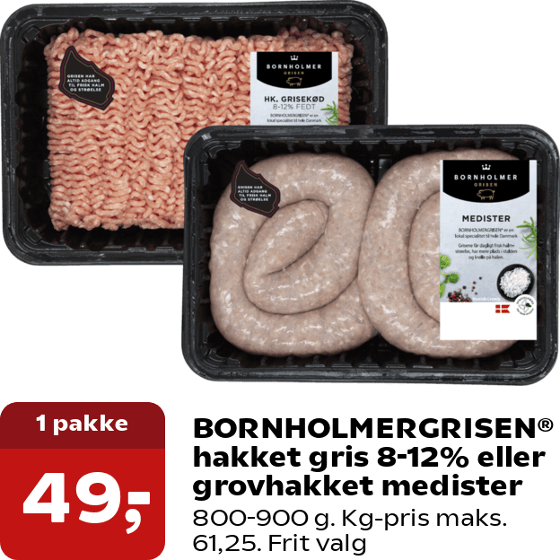 BORNHOLMERGRISEN® hakket gris 8-12% eller grovhakket medister