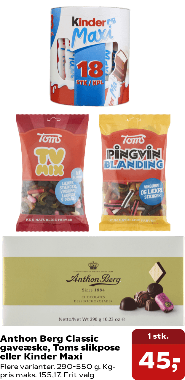Anthon Berg Classic gaveæske, Toms slikpose eller Kinder Maxi