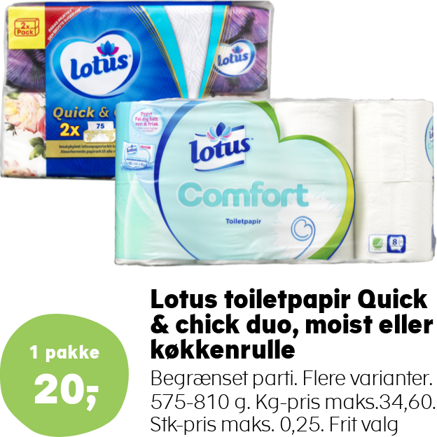 Lotus toiletpapir Quick & chick duo, moist eller køkkenrulle