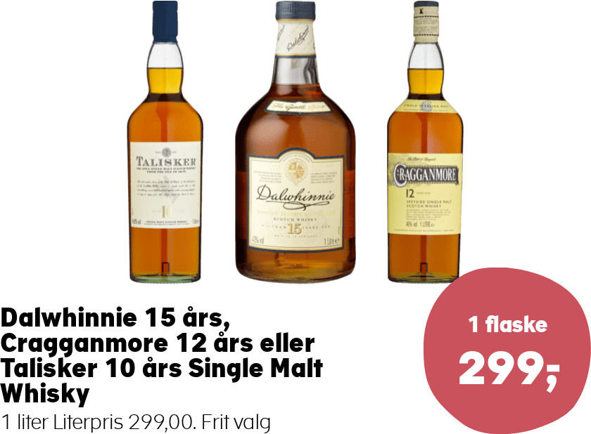 Dalwhinnie 15 års, Cragganmore 12 års eller Talisker 10 års Single Malt Whisky
