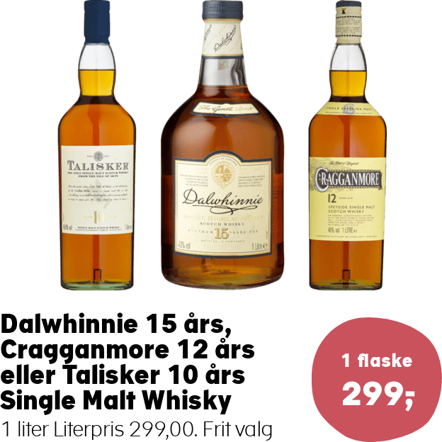 Dalwhinnie 15 års, Cragganmore 12 års eller Talisker 10 års Single Malt Whisky