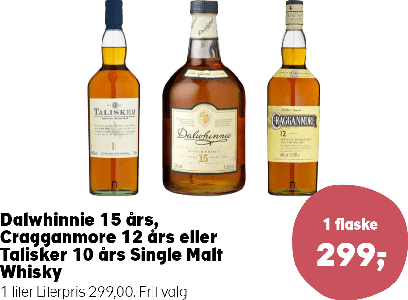 Dalwhinnie 15 års, Cragganmore 12 års eller Talisker 10 års Single Malt Whisky