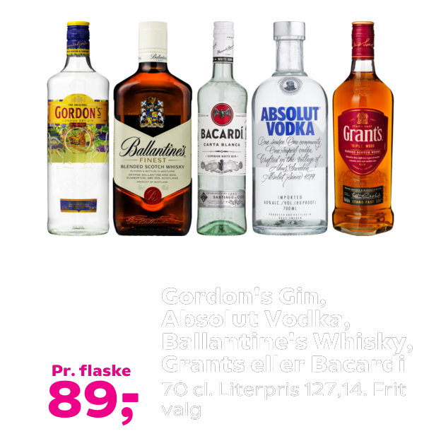 Gordon's Gin, Absolut Vodka, Ballantine's Whisky, Grants eller Bacardi