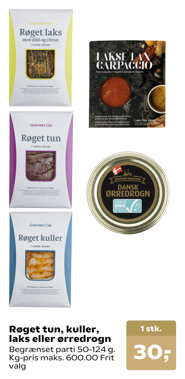 Røget tun, kuller, laks eller ørredrogn