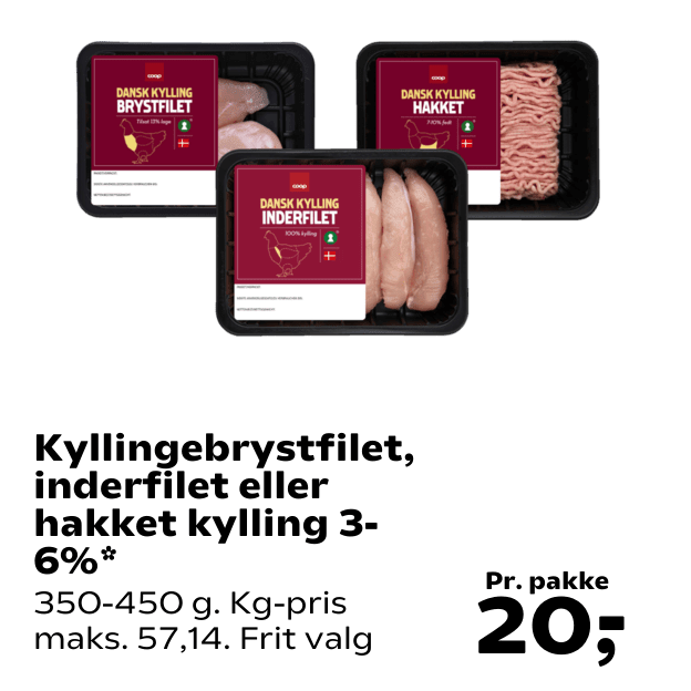 Kyllingebrystfilet, inderfilet eller hakket kylling 3-6%