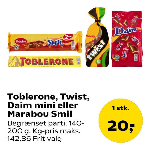 Toblerone, Twist, Daim mini eller Marabou Smil
