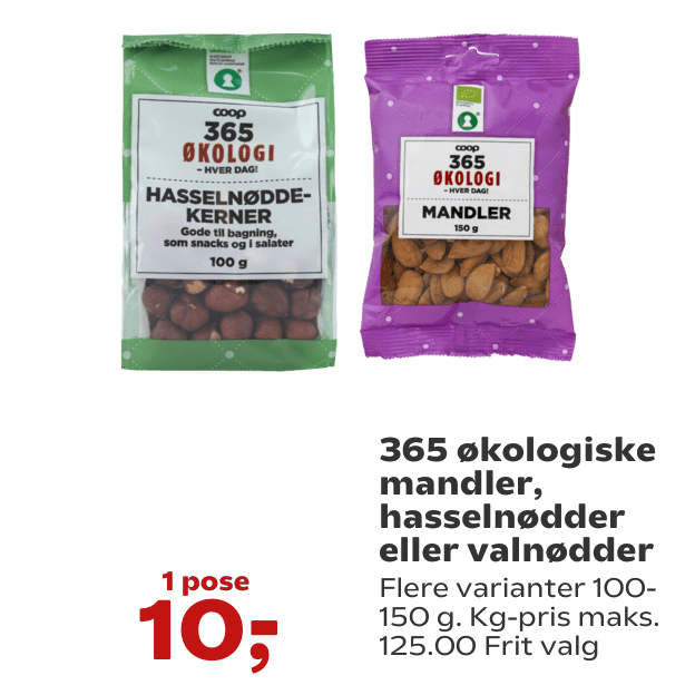 365 økologiske mandler, hasselnødder eller valnødder