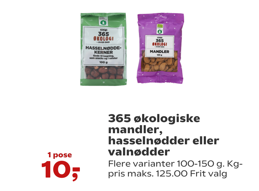 365 økologiske mandler, hasselnødder eller valnødder
