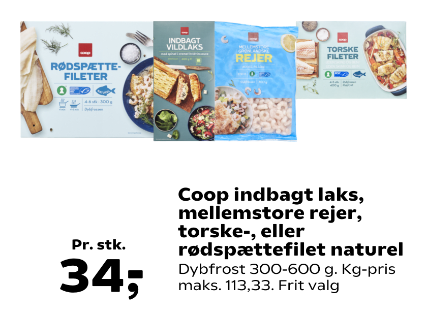 Coop indbagt laks, mellemstore rejer, torske-, eller rødspættefilet naturel