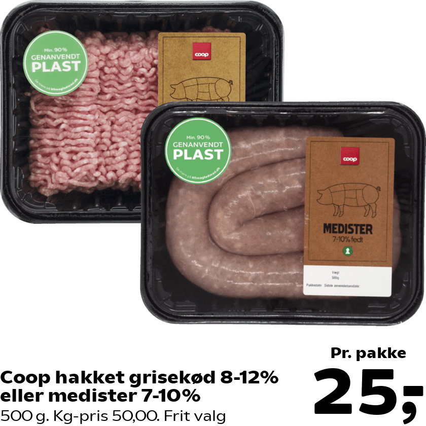 Coop hakket grisekød 8-12% eller medister 7-10%
